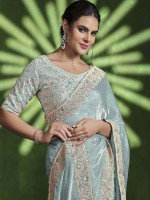 Light Sky Blue Two Tone Satin Silk Saree With Stitched Blouse